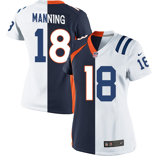 Women's Elite Peyton Manning Nike Jersey White/Navy Blue - #18 Colts/Broncos Split Fashion NFL Indianapolis Colts